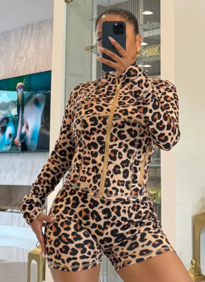 New Casual Sports Leopard Print Stretch Shorts Two-Piece Suit
