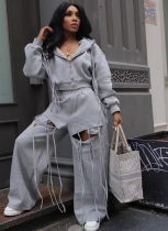 Fashionable Hooded Zipper Jacket And Loose Ripped Wide-Leg Pants Suit