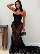 Fashion Women's Sexy Suspender Lace See-Through Dress