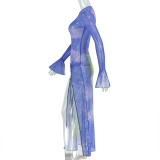 Fashionable Pprinted Mesh Pleated Round Neck Trumpet Sleeve Slit Hip Dress