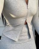 Casual Round Neck Zipper Design Solid Color Long Sleeve Two-piece Skirt Set