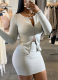 Casual Round Neck Zipper Design Solid Color Long Sleeve Two-piece Skirt Set