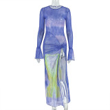 Fashionable Pprinted Mesh Pleated Round Neck Trumpet Sleeve Slit Hip Dress