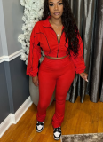 Double-stitched Contrast Color Ribbed Zippered Micro-flared Two-piece Suit