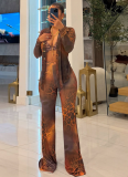 Printed Mesh Lapel Long Sleeve Button Cardigan Flared Pants Two-Piece Set