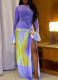 Fashionable Pprinted Mesh Pleated Round Neck Trumpet Sleeve Slit Hip Dress