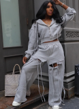 Fashionable Hooded Zipper Jacket And Loose Ripped Wide-Leg Pants Suit