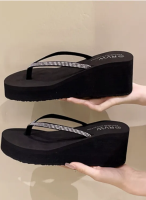 Women's Fashionable Rhinestone Thick-Soled Flip-Flops With Mid-Heel, Non-Slip And Wear-Resistant Wedge-Heeled Sandals