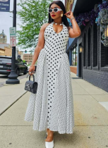 Polka Dot Halter Neck Slim Waist Long Swing Dress