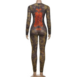 Sexy Streetwear Digital Print Long Sleeve Bodycon Jumpsuit