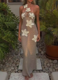 Sexy Crochet Flower Halter Backless Dress