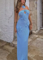 Sexy Crochet Flower Halter Backless Dress