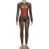 Sexy Streetwear Digital Print Long Sleeve Bodycon Jumpsuit
