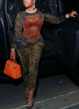 Sexy Streetwear Digital Print Long Sleeve Bodycon Jumpsuit
