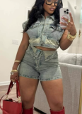 Fashion Casual Denim Tops Slim Fit Stretch Shorts Two Piece Set Wholesale