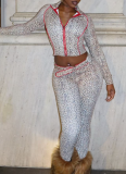 Leopard Print Casual Leopard Print Zipper Turndown Collar Long Sleeve Two Pieces