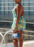 Sexy Halterneck Backless Printed Mesh Gradient Multi-layer Cake Dress