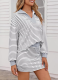 Autumn And Winter Striped V-Neck Loose Long-Sleeved Sweatshirt And Short Skirt Two-Piece Set