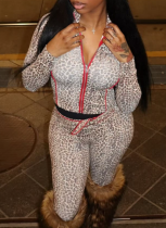 Leopard Print Casual Leopard Print Zipper Turndown Collar Long Sleeve Two Pieces