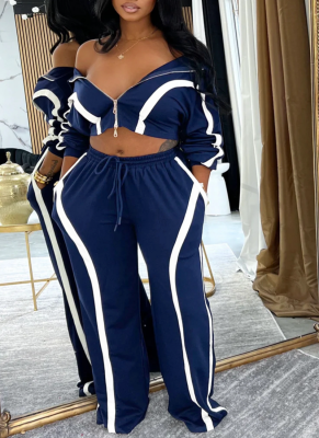 Fashion Striped Stitching Contrast Color Zipper Lapel Top wide-leg Trousers Two-piece Set