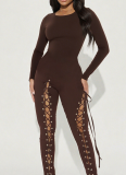 Sexy Solid Color Cross Straps O Neck Skinny Jumpsuits