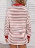 Autumn And Winter Striped V-Neck Loose Long-Sleeved Sweatshirt And Short Skirt Two-Piece Set