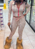 Leopard Print Casual Leopard Print Zipper Turndown Collar Long Sleeve Two Pieces