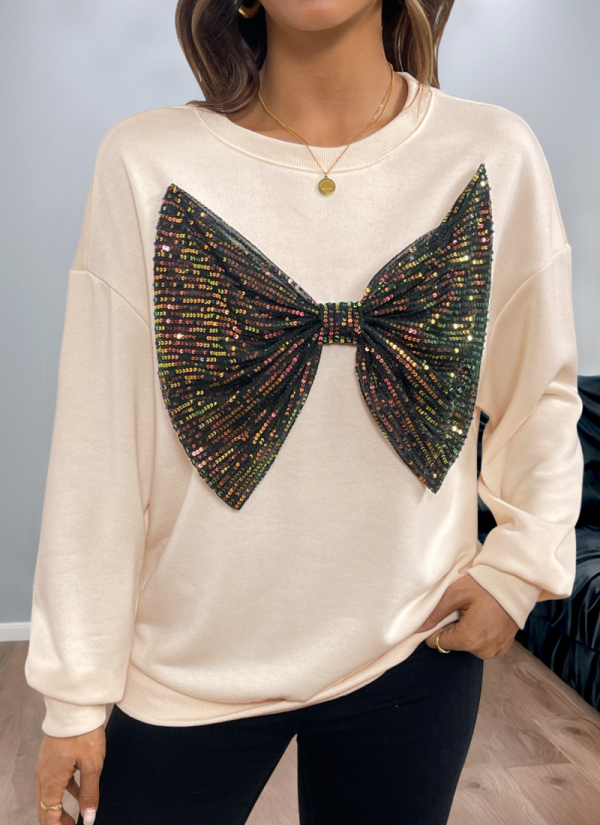 New Autumn And Winter Holiday Sequined Bow Round Neck Pullover Sweatshirt
