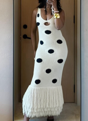 Sexy Polka Dot Fringed Trim Spaghetti Strap Long Dresses