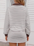 Autumn And Winter Striped V-Neck Loose Long-Sleeved Sweatshirt And Short Skirt Two-Piece Set