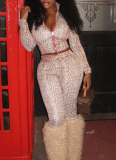 Leopard Print Casual Leopard Print Zipper Turndown Collar Long Sleeve Two Pieces