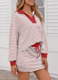 Autumn And Winter Striped V-Neck Loose Long-Sleeved Sweatshirt And Short Skirt Two-Piece Set