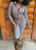 Leopard Print Casual Leopard Print Zipper Turndown Collar Long Sleeve Two Pieces