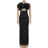 Sexy Solid Color Lace Flower Shape Spaghetti Strap Long Dresses