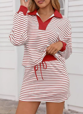 Autumn And Winter Striped V-Neck Loose Long-Sleeved Sweatshirt And Short Skirt Two-Piece Set