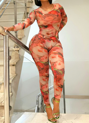 Red Casual Print O Neck Long Sleeve Two Pieces