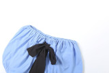 Blue Sexy Solid Color Strap Design Mandarin Collar Sleeveless Two Pieces