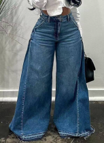 Loose Pleated Flared Distressed Casual Washed Denim Trousers