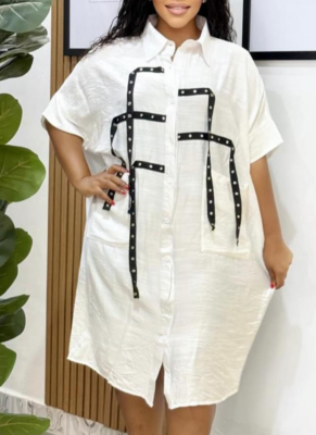 Fashion Loose Lapel Short Sleeve Shirt Midi Dress