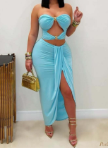 Sexy Solid Color Tube Top and Skirt Set With Metal Decoration