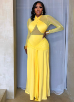 New Autumn Solid Color Casual Cross-Neck Long-Sleeved Dress