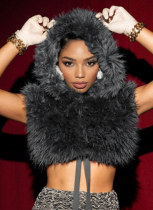 New Autumn And Winter Solid Color Hooded Sleeveless Zippered Furry Navel-Baring Top