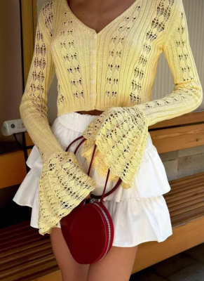 Solid Color Hollow Knit Cardigan Long Sleeve Knit V-Neck Cropped Top