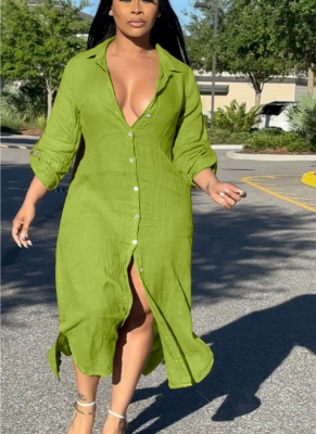 Fashionable and Casual Side Slit Elegant Long Shirt Dress