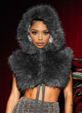 New Autumn And Winter Solid Color Hooded Sleeveless Zippered Furry Navel-Baring Top