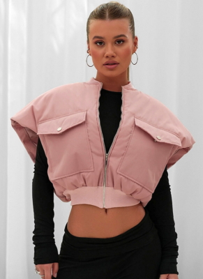 Autumn And Winter New Solid Color Casual Sleeveless Zipper Pocket Navel-Baring Top Cotton Vest