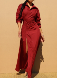 Casual Solid Color High Slit Turndown Collar Long Dresses