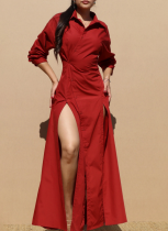 Casual Solid Color High Slit Turndown Collar Long Dresses