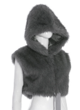 New Autumn And Winter Solid Color Hooded Sleeveless Zippered Furry Navel-Baring Top