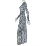 Black Sexy Print High Slit O Neck Long Dresses